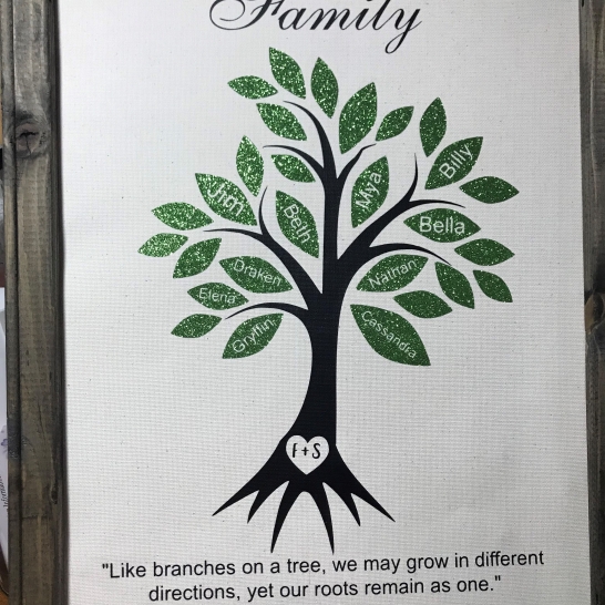 Family tree done in a reverse canvas style. Frame is approximately 16"x20". Frame was stained with an Ikea paint stain. This was done no a jersey blanket throw, as well.