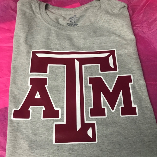 Front side of a custom requested Texas A&M shirt.
